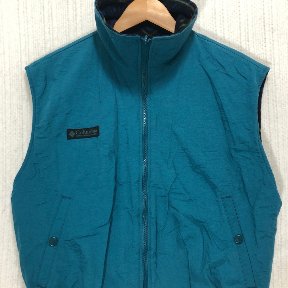 Columbia Reversible Vest Teal‎ Fleece Pattern Women's Medium Sleeveless Zip Up